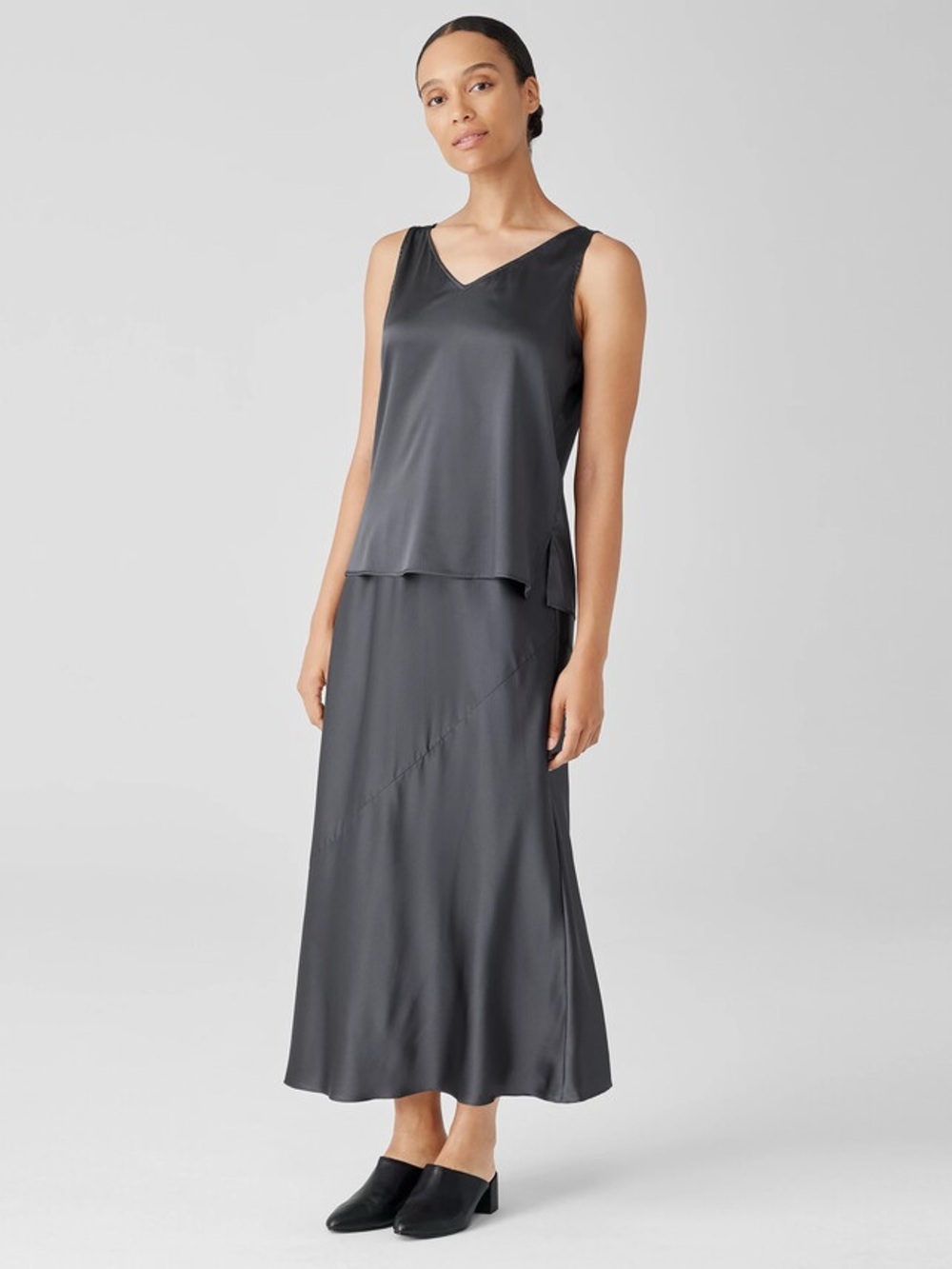 Eileen Fisher Stretch Silk Charmeuse V Neck Tank in Meteor Satin Slip Top